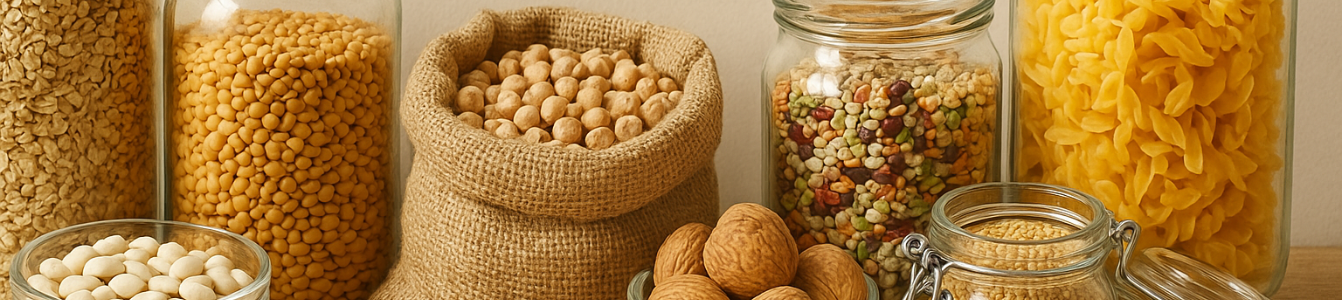 Une sélection variée de produits alimentaires bio présentés dans des bocaux en verre (céréales, légumineuses, noix et pâtes) pour une consommation zéro déchet chez Vrac'ment Bio.