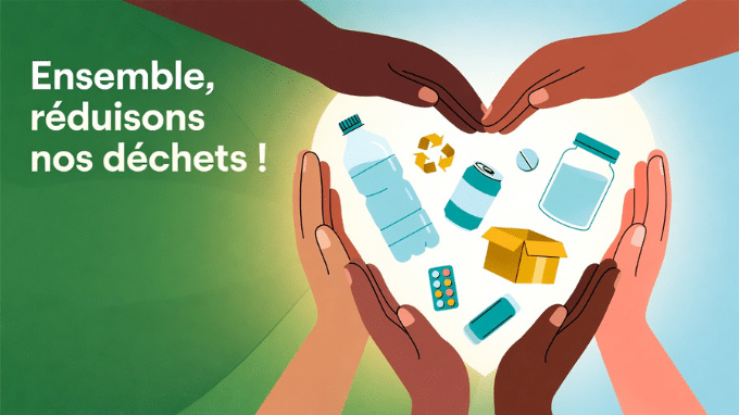 Illustration de mains formant un cœur autour de déchets recyclables (plastique, verre, carton) avec le slogan Ensemble réduisons nos déchets