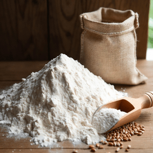 Tas de farine t55 blanche et fluide avec un épi de blé à côté.
