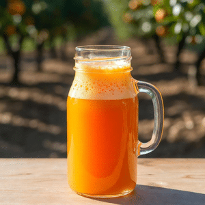 Verre de jus d'orange pressé frais posé sur une table devant un champs d'arbre.