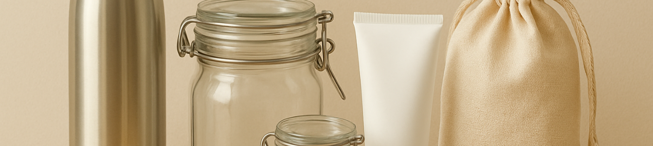 Assortiment de produits d'hygiène et d'entretien bio en vrac sur fond naturel - Vrac'ment Bio